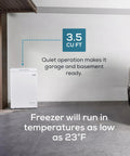 Slick 3.5 Cubic Foot Upright Deep Freezer Chest in a garage showing compact design and quiet operation for freezer storage.