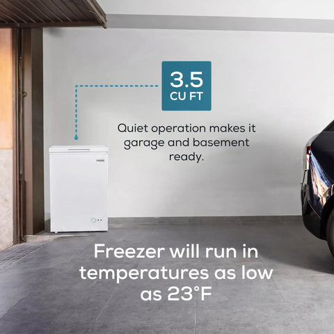 Slick 3.5 Cubic Foot Upright Deep Freezer Chest in a garage showing compact design and quiet operation for freezer storage.