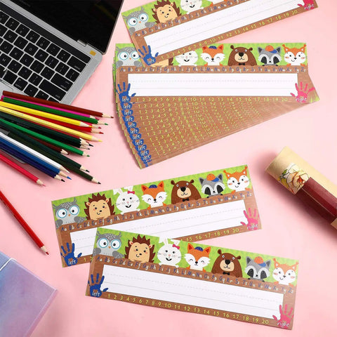 Kid Friendly Desk Labels Pack, 40 Reusable Woodland Themed Name Plates With Alphabet And Numbers, glue dots visible
