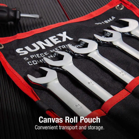 Metric V Groove Combination Wrench Set 20mm To 24mm Fully Polished 5 Piece in roll case, showcasing anti-slip design.