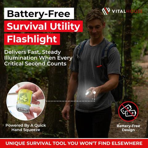 VitalHouse battery-free survival flashlight in yellow translucent housing held by a man with backpack in a forest.