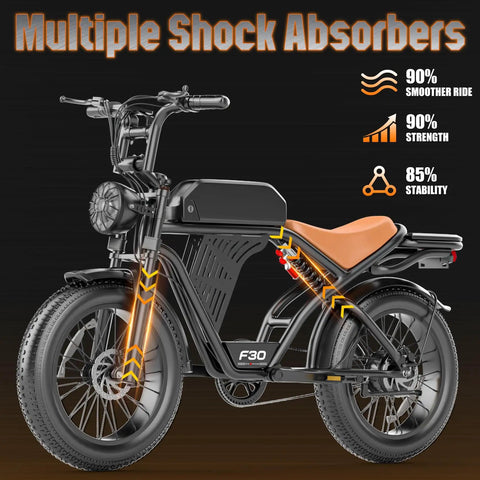 Powerful 2500W Peak Fat Tire Electric Bike For Adults With 32 MPH Top Speed And 100 Mile Range, side view, showing dual brakes.