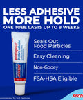 All Day Hold Denture Adhesive Cream For Uppers, Lowers, And Partials With Waterproof Seal, Zinc Free Formula And Food Grade Ingredients, Less Adhesive More Hold, Tube Lasts Up To Eight Weeks, 1.4 Oz tube on blue background