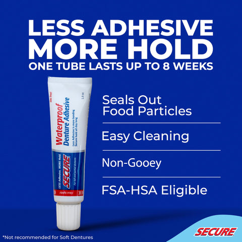 All Day Hold Denture Adhesive Cream For Uppers, Lowers, And Partials With Waterproof Seal, Zinc Free Formula And Food Grade Ingredients, Less Adhesive More Hold, Tube Lasts Up To Eight Weeks, 1.4 Oz tube on blue background