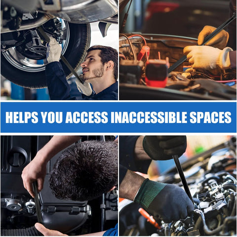 Collage showing Adjustable Extension Clamp Wrench Tool for Tight Spaces used in various automotive repair tasks.