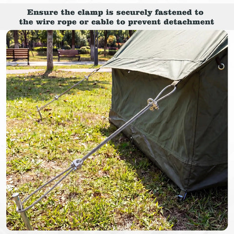 Tent secured with 60 Piece M6 Stainless Steel Rope Cable Clamp Kit With Thimble And Aluminum Crimp Loop Sleeves For One Quarter Inch Wire Rigging