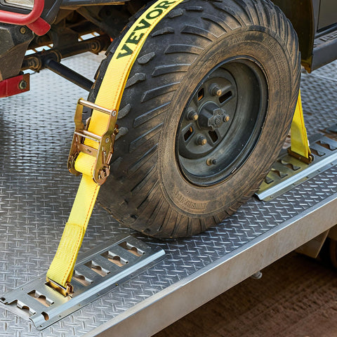 Heavy Duty 2 Inch By 15 Foot E Track Ratchet Straps Kit With 4400 Lbs Break Strength Polyester Webbing securing tire
