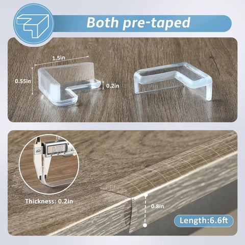 Real Solid Baby Proof Corner Protectors And Clear Edge Guards With Super Sticky Backing, 1.5in corner covers displayed on wood.