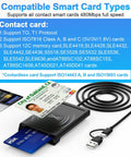 2 In 1 Smart Card Reader With NFC And CAC Support For DOD Military ID Quick And Secure Contact And Contactless Chip Reading Built In USB C With USB A Adapter Works On Windows Mac Linux showing card compatibility and protocols