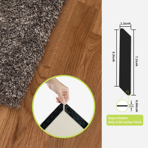 8 Pack Rug Grippers That Stick Firmly to Hardwood Floors No Slip Double Sided Rug Pads showing size and corner application