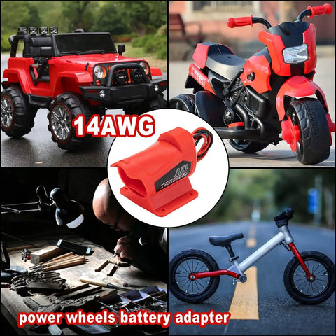 Collage of red RC car, toy motorcycle, and bicycle with Power Battery Adapter Wheel For 12V M12 Battery prominently displayed.