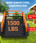Beefy Heavy Duty Steel ATV Dump Trailer With 1500 Lb Capacity 15 Cu Ft Pull Behind Utility Trailer Removable Sides All Terrain Tires For Lawn Tractors Gardens Farms And Yard Work Orange, focus on steel construction and 1500 lbs label