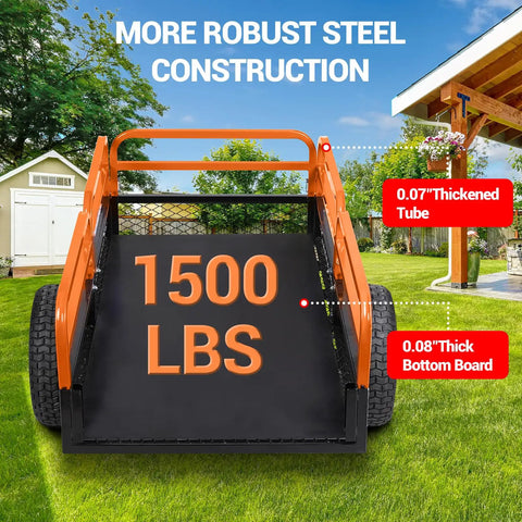 Beefy Heavy Duty Steel ATV Dump Trailer With 1500 Lb Capacity 15 Cu Ft Pull Behind Utility Trailer Removable Sides All Terrain Tires For Lawn Tractors Gardens Farms And Yard Work Orange, focus on steel construction and 1500 lbs label