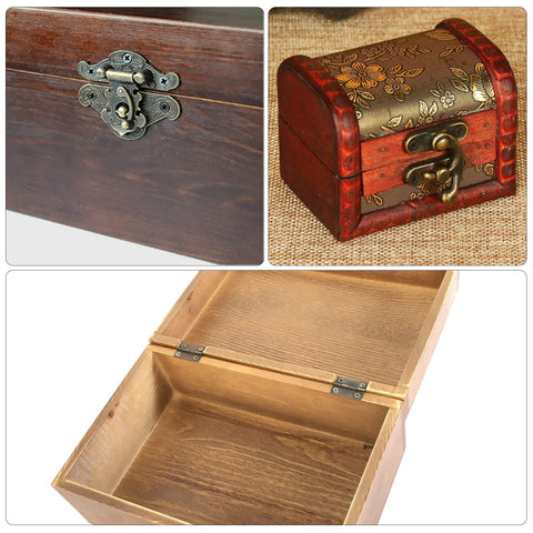 Retro Jewelry Box Hinges And Latches Set With Butterfly Latch Hooks And Antique Hasp Bronze Tone installed on wooden boxes.