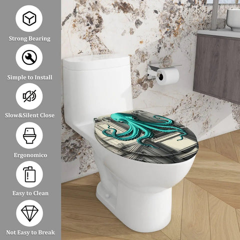 Elongated Toilet Seat Quick Release Resin for Bathroom with octopus design, fits most toilets, easy to clean.