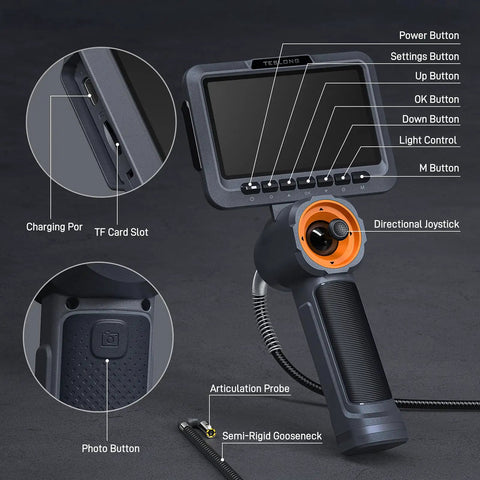 4 Way Dual Lens Articulating Borescope For Auto Techs With Joystick Control Full 360 Degree Rotation And 210 Degree Bending Pro Grade Flexible Probe For Tight Engine Spaces And Chassis Inspections, handheld monitor and probe