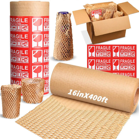 Eco Friendly Packing Paper Roll With Honeycomb Cushioning, 16 Inch By 400 Foot Bubble Safe Wrap shown with fragile labels and cushioned items.