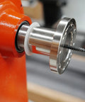 Pack Of Six Slick Anti Lock Spindle Washers Tailored For 1-1/4 Inch Woodlathe Threads on a lathe spindle with locking ring.