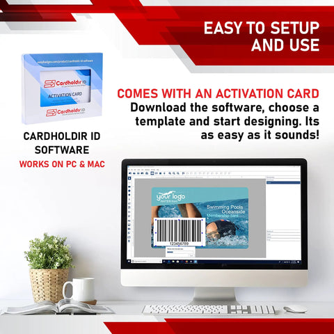 Solid 210 Single Sided ID Card Printer Bundle With Beginner Software HD Webcam Full Color Ribbon And 200 Cr80 Plastic ID Badges No Sweat Starter Pack For Schools And Small Business Owners, showing software activation card on desktop.