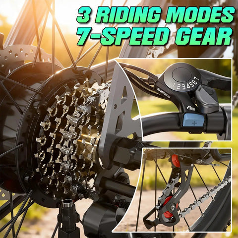 Close-up of the 7-speed gear system on an Adult Electric Bike 26 Inch Commuter with pedal assist and smooth shifting.