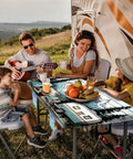 Family enjoying a meal at a picnic table covered by Three Piece Picnic Table Cover Set With Bench Covers And Bag Waterproof Windproof Fitted Tablecloth With Elastic Edge For Indoor Outdoor Use Easy Cleanup For Garden And Camp Fits 60 To 96 Inch Tables.