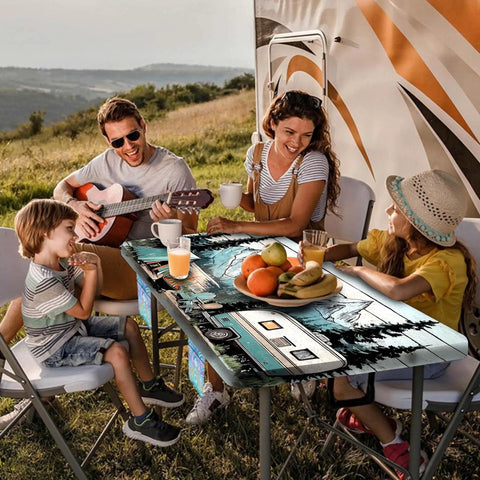 Family enjoying a meal at a picnic table covered by Three Piece Picnic Table Cover Set With Bench Covers And Bag Waterproof Windproof Fitted Tablecloth With Elastic Edge For Indoor Outdoor Use Easy Cleanup For Garden And Camp Fits 60 To 96 Inch Tables.