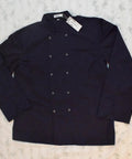 Mens Long Sleeve Chef Coat Breathable Kitchen Cooking Uniform With Smart Pockets And Easy Collar in navy color, flat lay view.