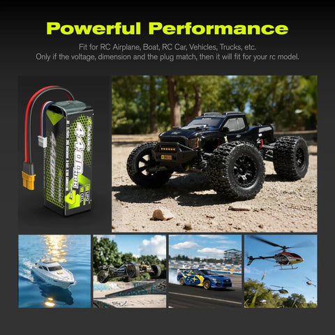 3S LiPo Battery 4400mAh 11.1V 35C With XT60 Connector showcased with RC car, boat, car track, and helicopter models