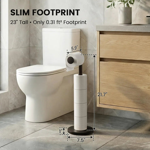 Freestanding Toilet Paper Holder Stand With Extra Heavy Weighted Base And Non Slip Mat Sleek Black Modern Bath Decor Dang Stable design next to white toilet.