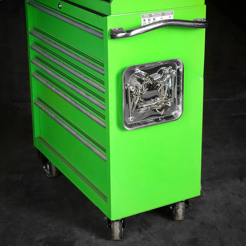 Magnetic Tool Tray Organizer 10 Inch By 11 Inch Heavy Duty Stainless Steel Square Tray attached to green tool cabinet holding fasteners.