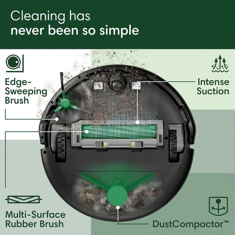 Roomba 205 DustCompactor Vacuum Robot With No Dock Needed and 60 Days Between Empties showing brush and suction features