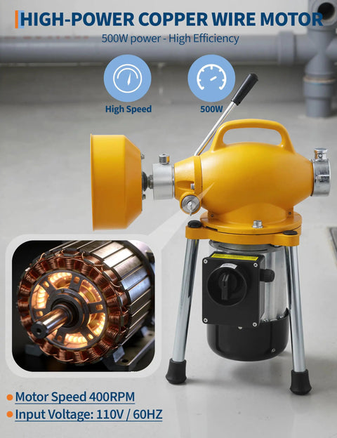 Heavy Duty Auto Feed Electric Drain Cleaner 500W Plug Chucker showcasing a powerful copper wire motor with 500W performance.