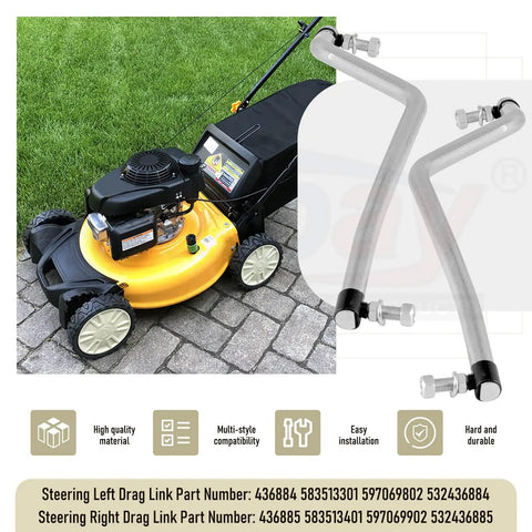 Adjustable LH/RH Steering Drag Link Set for Lawn Mower - Left and Right Drag Links, Pivot Link, Dust Cap - Compatible With Husqvarna Craftsman Poulan Pro Mowers - Replaces 436884 436885 436887 and 532436884 532436885 532436887, mower steering parts shown with links