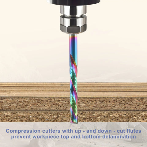 Close-up of Five Pack One Eighth Inch Shank Compression Router Bits With Two Flute Up And Down Cut End Mills Pro Grade Solid Carbide
