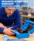 Man examining Pro Grade 11 Piece Bearing Race And Seal Driver Set with 9 double-sided adapters in blue case