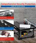 Compact Jobsite Table Saw With An 8 Inch 24 Tooth Blade Driven By A 6.7 Amp Pure Copper Motor Spinning 3576 Rpm To Crush Any Cut includes a monocular shield, blade guard, and overload protection for safe cutting.