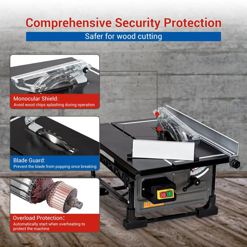 Compact Jobsite Table Saw With An 8 Inch 24 Tooth Blade Driven By A 6.7 Amp Pure Copper Motor Spinning 3576 Rpm To Crush Any Cut includes a monocular shield, blade guard, and overload protection for safe cutting.