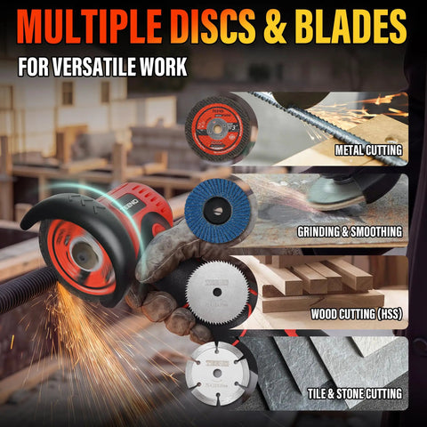 Brushless Cordless Angle Grinder Kit 800W with LED Display cutting metal, wood, and stone with multiple discs and blades visible