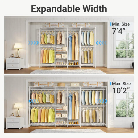 Heavy Duty Expandable Clothes Rack And Wardrobe Closet Organizer With Adjustable Multi Tier Shelves showing min and max width sizes 7'4" and 10'2".