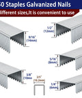 Heavy Duty T50 Staples In 20 Gauge Galvanized Steel With 6000 Pieces Mixed Size Set showing various staple sizes for crafting and framing.