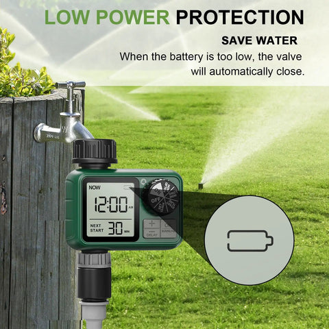 Water Timer For Outdoor Garden Hose With Auto, Manual And Rain Delay Modes, attached to faucet illustrating low power alert.