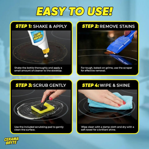 Glass Cooktop And Stove Top Cleaner Kit with scraper, razor, and pad showing cleaning steps for gas, electric, ceramic surfaces