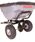 Tow Behind Broadcast Spreader With 75 Pound Capacity For Semi Commercial Lawn Care Rain Cover Sturdy Seven Eighth Inch Steel Frame