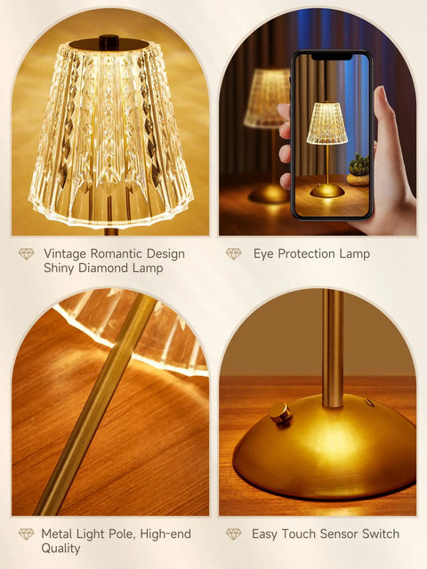 Cordless Dimmable Lamp With Touch Control And 3 Color Modes, showing diamond design, metal pole, and touch sensor base.