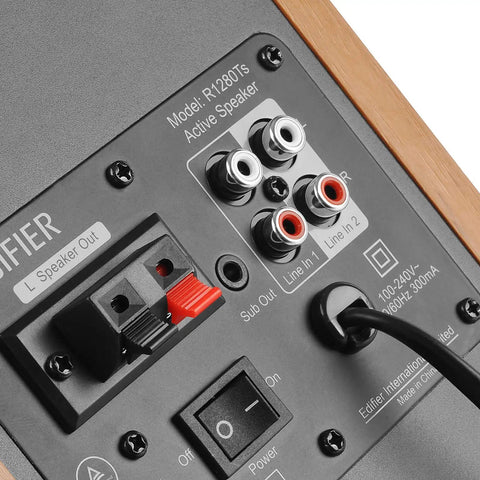 Back panel of powered bookshelf studio monitors for home studio and desk setup 42 watts RMS 2.0 stereo near field listening