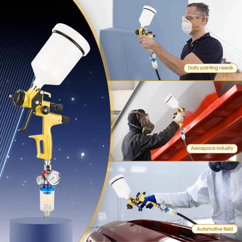 Straight Shooting HVLP Air Spray Gun Kit With Precise One Point Three Mm Tip Heavy Duty Die Cast Aluminum Body in use for automotive refinishing.