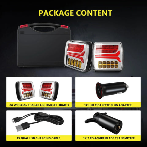 Front view of Ciascy 2-pack wireless magnetic trailer rear LED lights with case and USB accessories