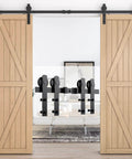 Beefy Sliding Barn Door Hardware Kit For Double Doors Black Finish Eight Foot Rail System With I Shape Hanger installed view