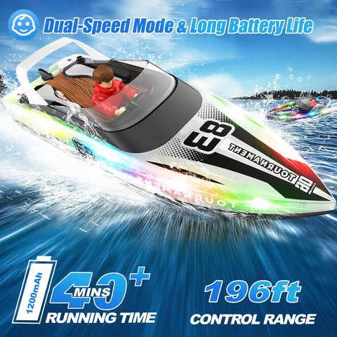 RC Boat With LED Lights, Self Righting, Waterproof Remote Controlled Watercraft racing on water, showcasing speed and lights