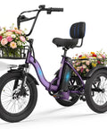 Electric Tricycle For Adults With 1200W Peak Motor Foldable E Trike 48V 13Ah Battery Fat 18x3 Tires 3 Wheel Step Through Ebike With Basket Sweet Ride Easy Mount Up To 65 Miles And 18 MPH, purple with basket and flowers